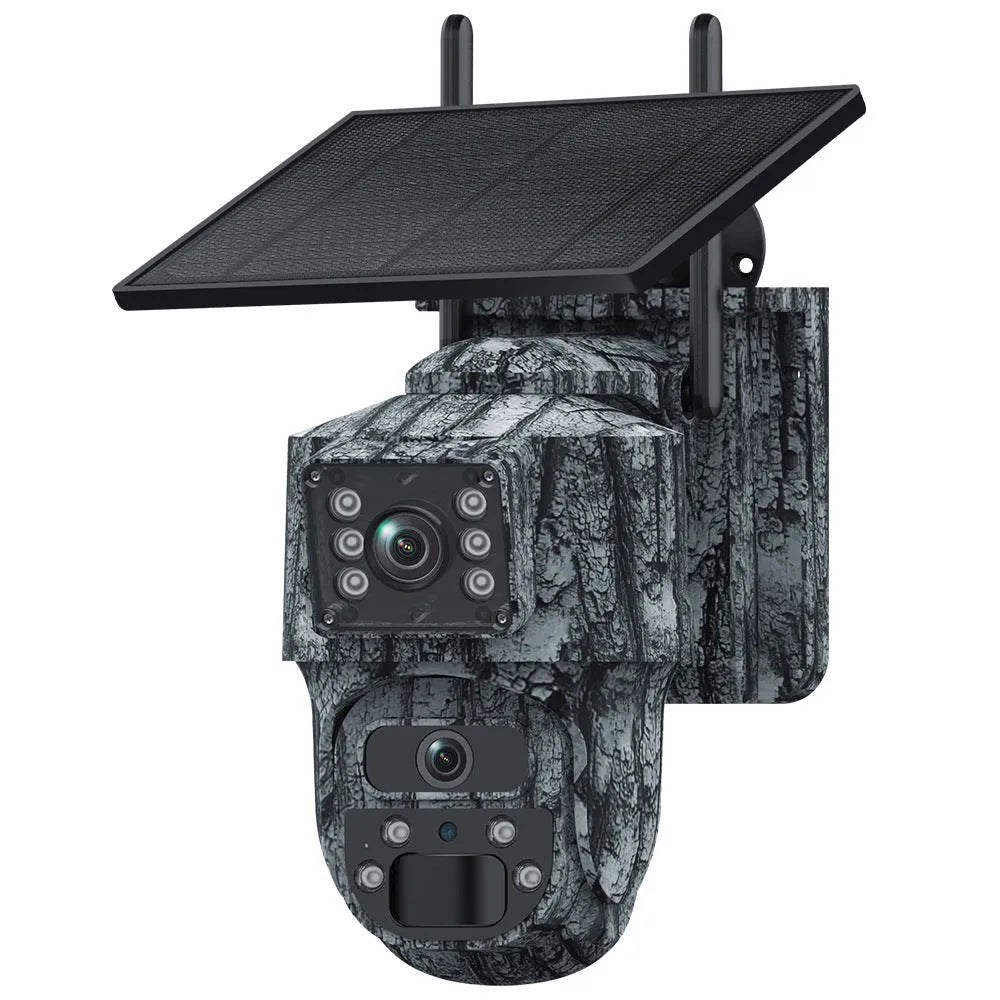 Solar surveillance camera 6MP HD dual screen IP66 waterproof with solar panel and built-in lithium battery, dimensions 190*205*160mm