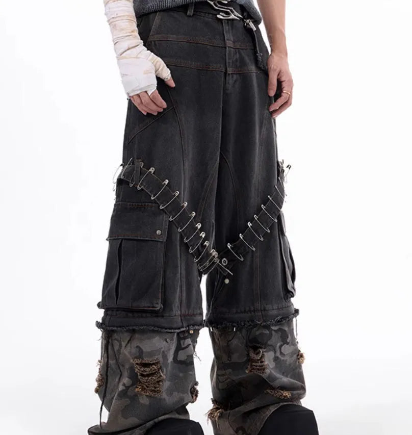 Men's grey camouflage pattern splicing jeans with pin detailing and ribbon accents on cotton denim