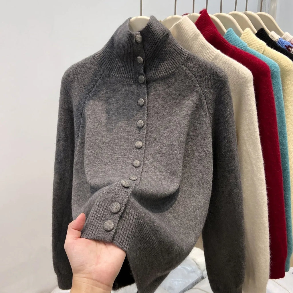 Women's turtleneck single-breasted cardigan, thick polyester knit, loose lazy style, apricot colour