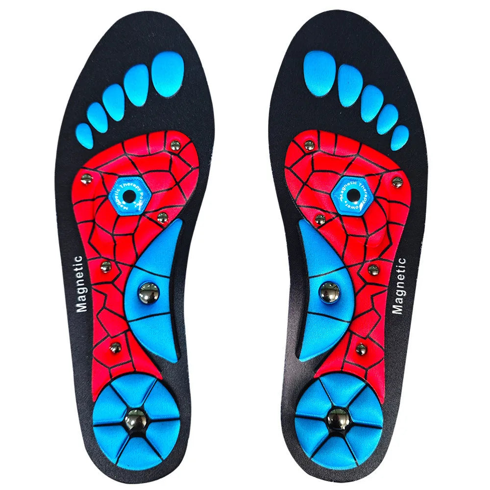 Pair of breathable EVA health care insoles in black, blue and red colours for casual shoes