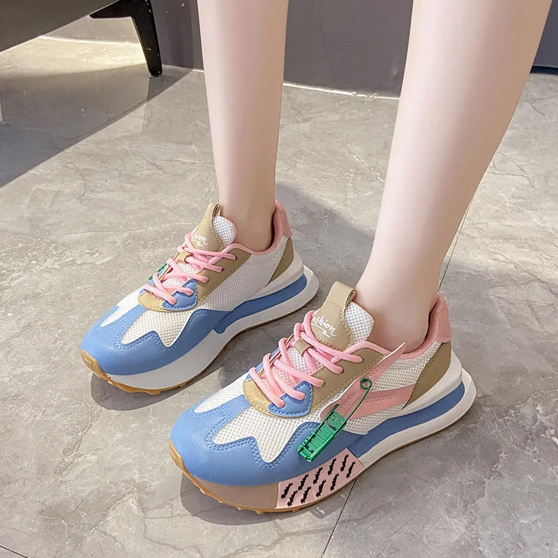 Women's breathable faux leather trainers with 3-5cm mid heel, mesh lining, rubber sole, in yellow green blue