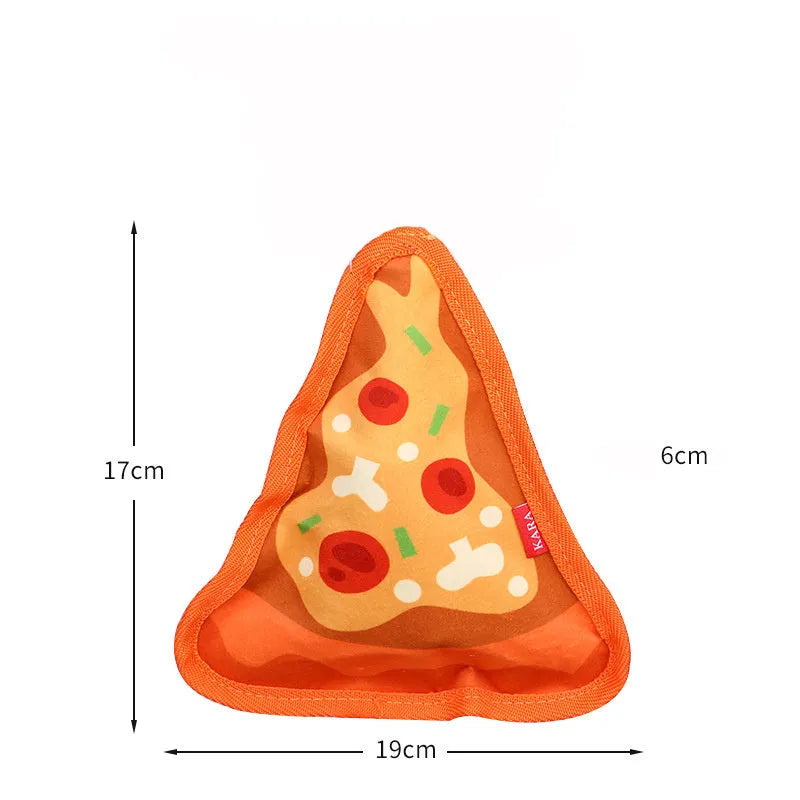 Food-shaped dog toys including hamburger, fries, hot dog and pizza designs with crinkle and squeak features