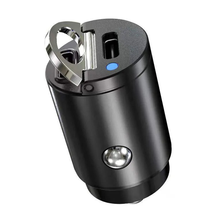 Small black zinc alloy 30W USB-C car charger for cigarette lighter socket with PD and QC fast charging.