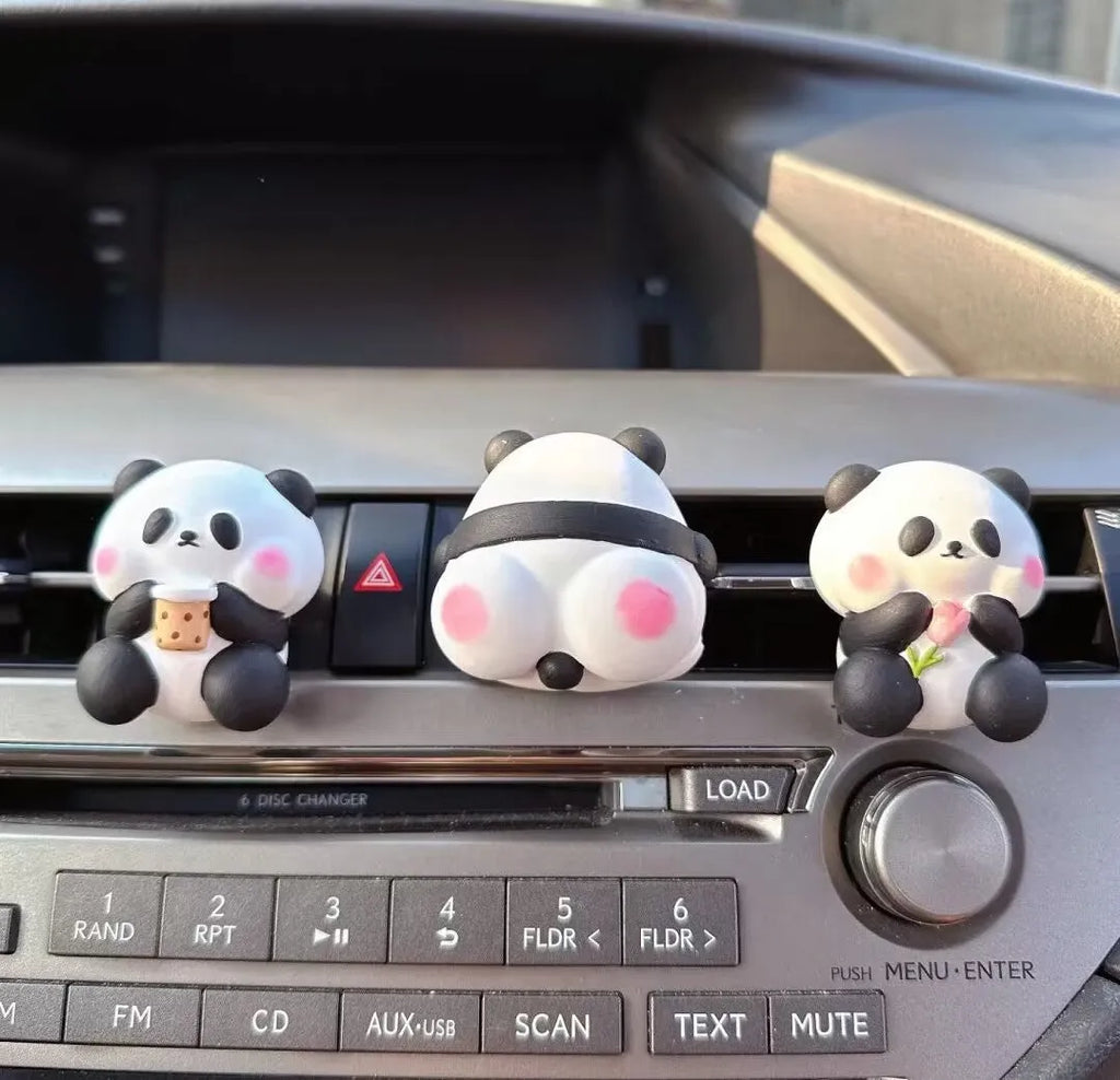 Cute panda-shaped car vent clip air freshener in three character designs: back, holding flower, and milk tea panda.