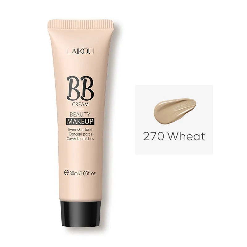 30ml tube of BB cream shown alongside swatches of its nine shades from light ivory to dark brown.