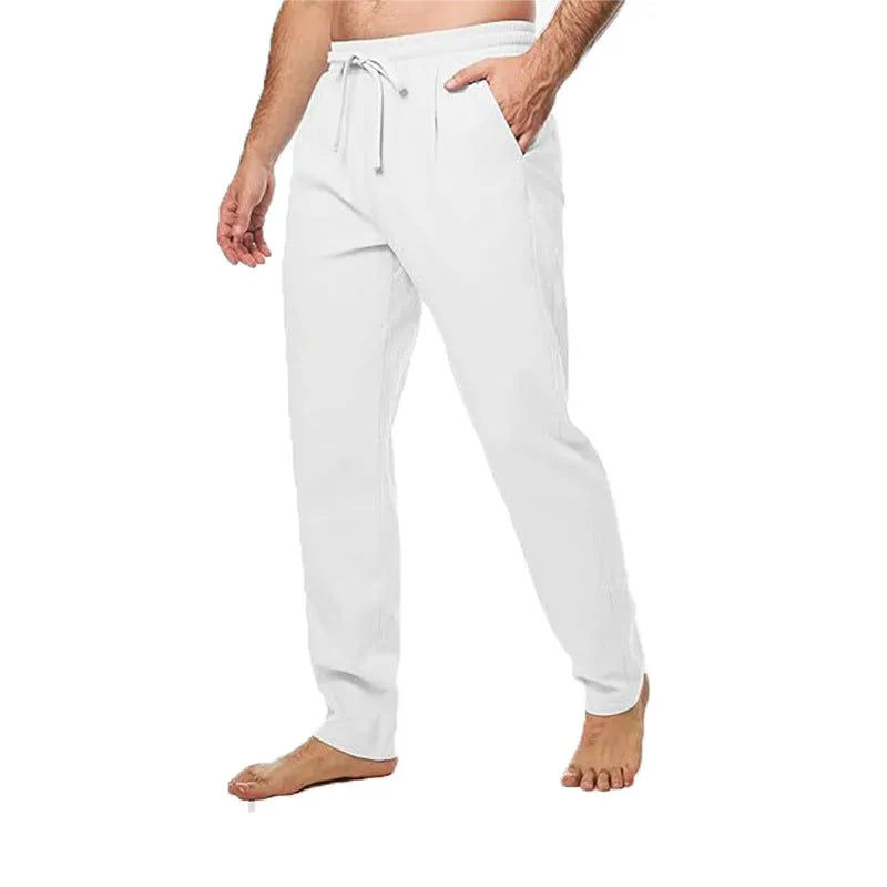 Men's cotton and linen blend loose drawstring straight leg summer trousers in khaki