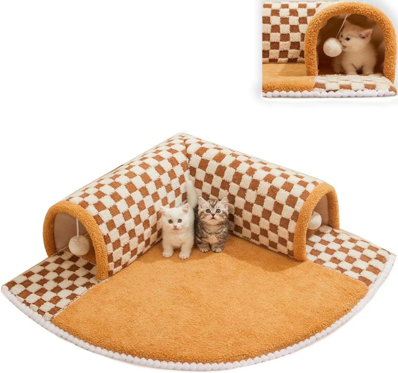 Brown plaid cat tunnel bed with central mat, showing non-slip bottom and fluffy plush material.