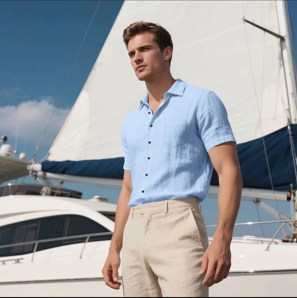 Men's cotton blend short-sleeved cardigan shirt in solid colour, loose fit casual style