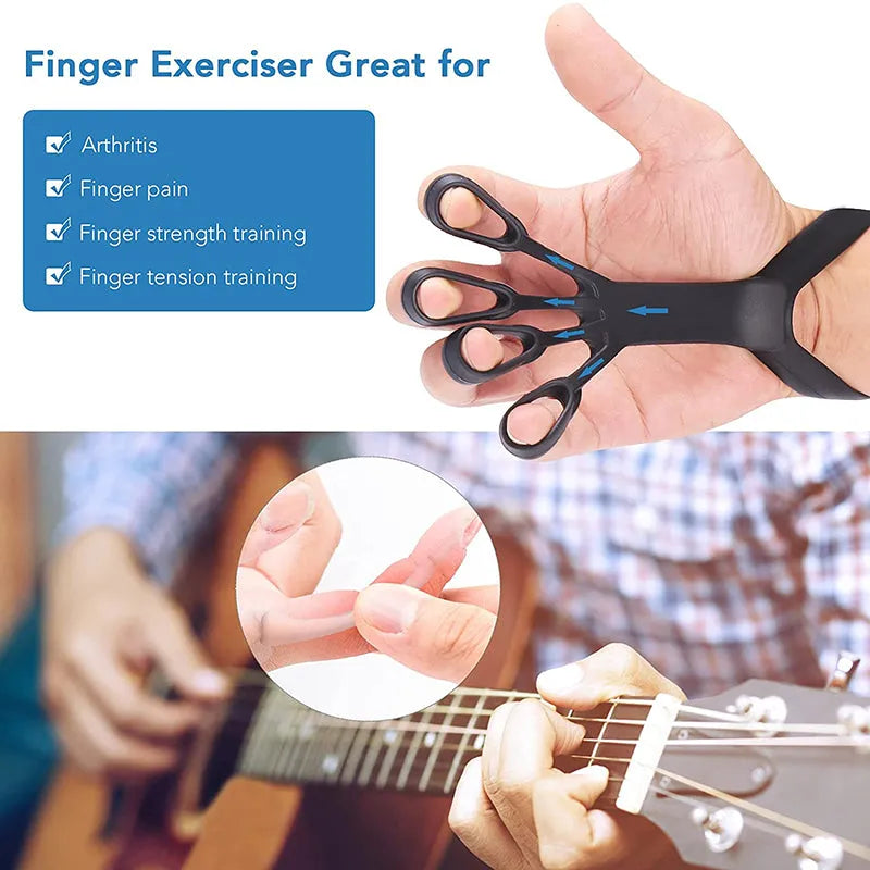 Three silicone finger pullers in grey, blue, and black on a white surface