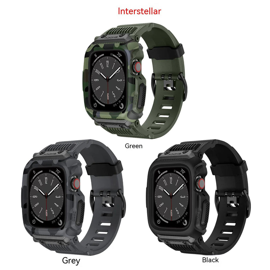 Camouflage TPU protective watch case with integrated strap for Apple Watch 42mm 44mm 45mm in black gray and green