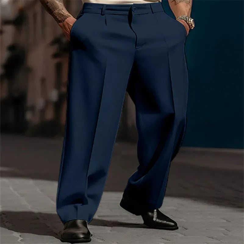 Men's straight solid colour suit trousers with diagonal pockets in khaki, on model, front view