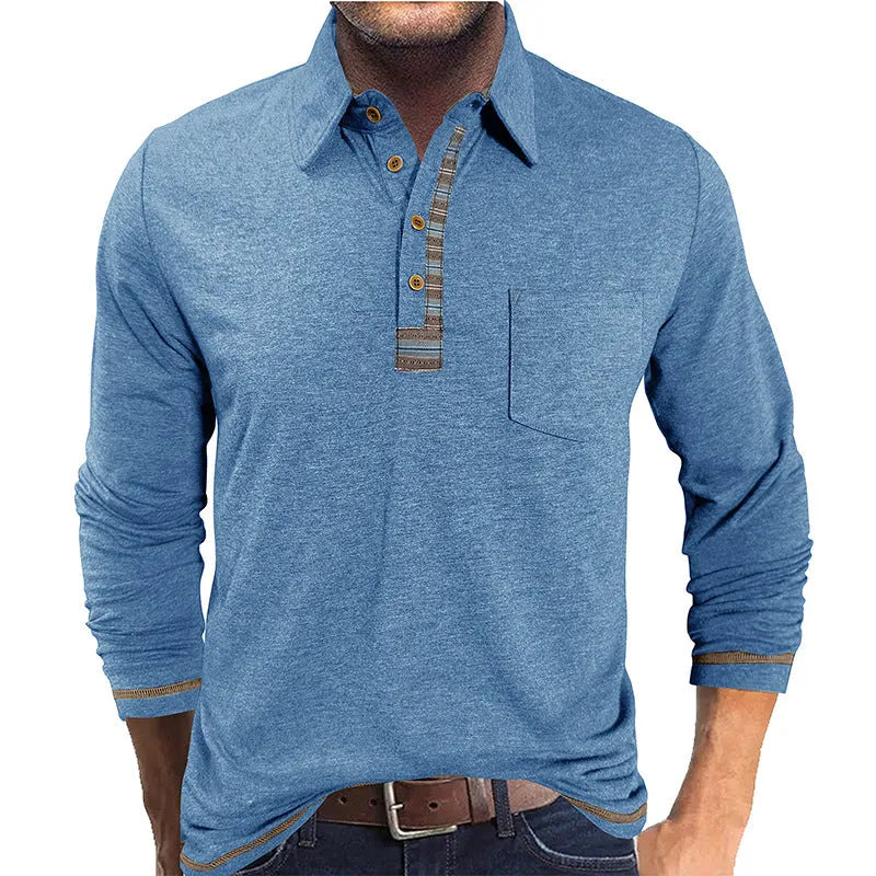 Men's button-down collar long sleeve polo shirt in blue, regular fit, rayon fabric, 210g colour cotton frame