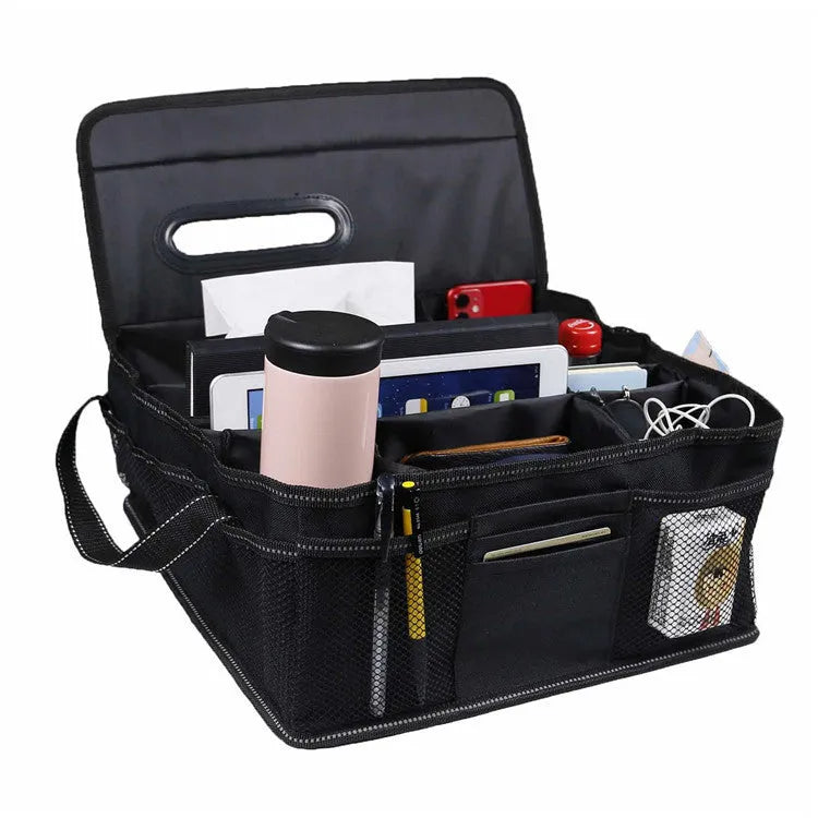 Black Oxford cloth car trunk storage box with reinforced handles and 33x33x16cm dimensions