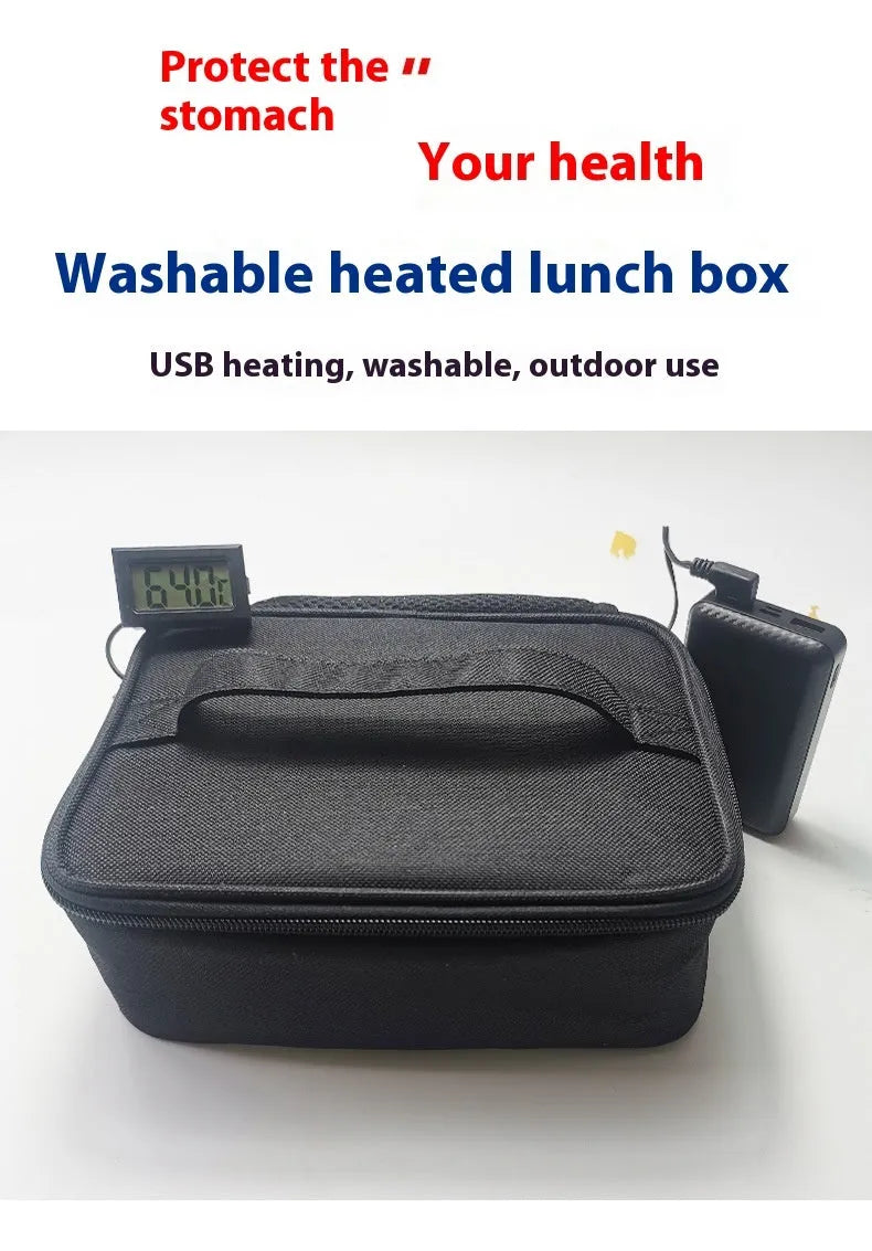 USB heating lunch bag in Oxford cloth, black and grey options, with thermal insulation for outdoor bento meals