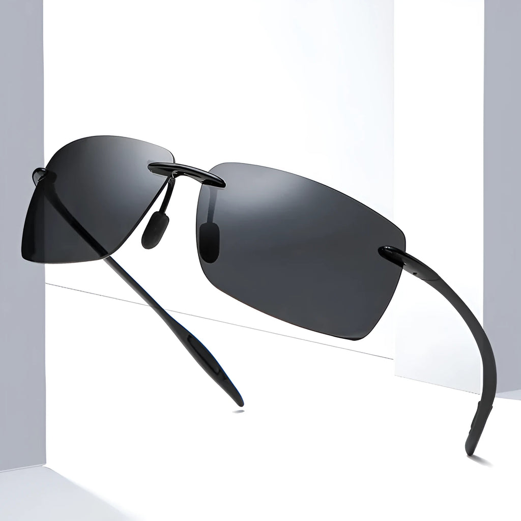 Rimless TR90 men's sunglasses with TAC UV400 lenses, shown in Black, Blue, Green, Grey, and Tea colour options.
