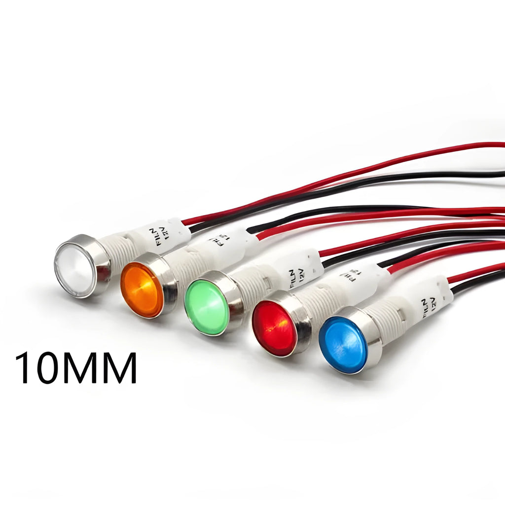 10mm plastic indicator light with stainless steel edge and wire leads in assorted colours.