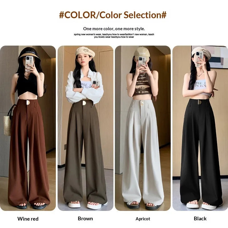 Women's high-waisted wide-leg pants in black, slightly elastic spandex fabric, loose straight fit, regular length