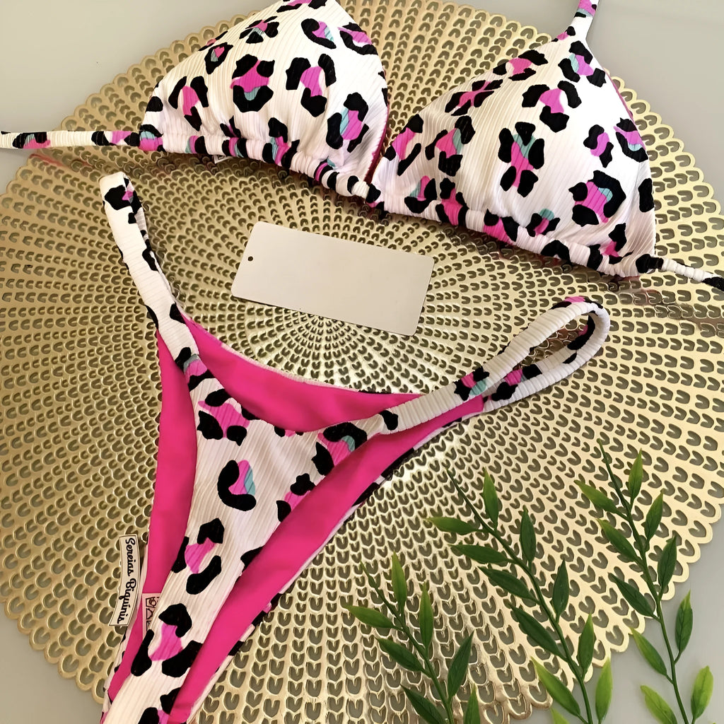 Women's printed nylon bikini swimsuit with cotton-lined briefs in three colour options