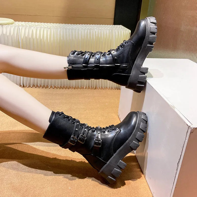 Buckle lace-up side zip punk women's mid boots in black and white, round toe, artificial PU upper and sole