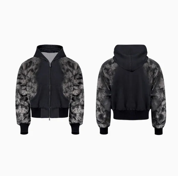Street trend loose print trousers and hoodie set with collage stitching in polyester fabric
