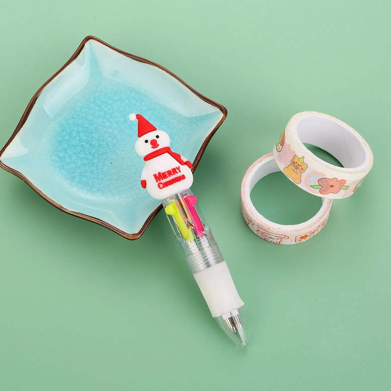 Christmas four-colour press ballpoint pen with festive designs, 11cm compact size
