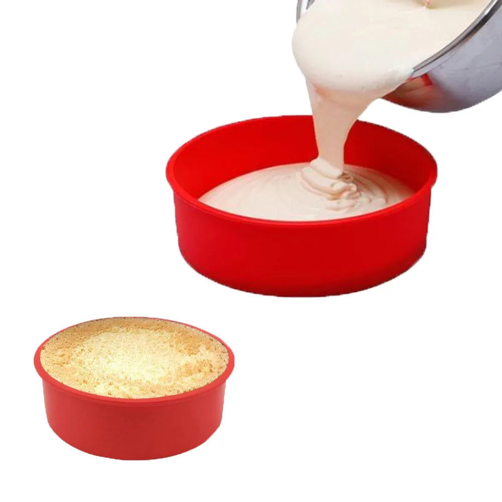 Red silicone round cake mould baking tray showing three sizes: 4 inch, 6 inch, and 8 inch diameters