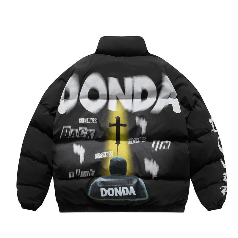 Black winter cotton cardigan with graffiti letter print, zipper closure, side pockets, loose fit, on plain background