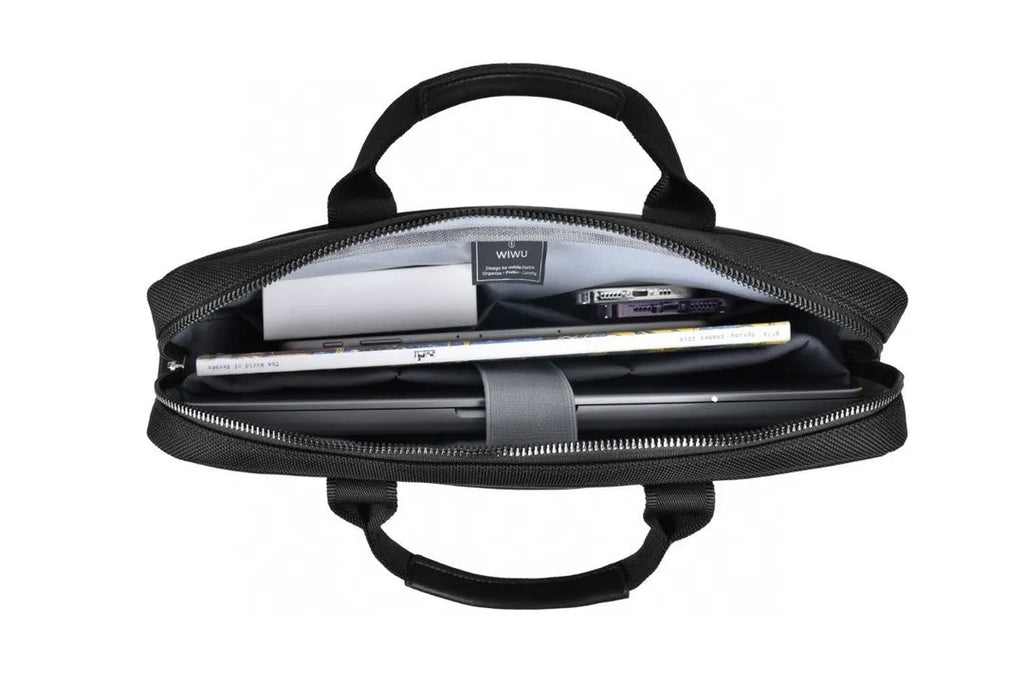 Black Oxford cloth laptop handbag with multiple compartments shown open, displaying organised storage for a 15.6-inch computer.