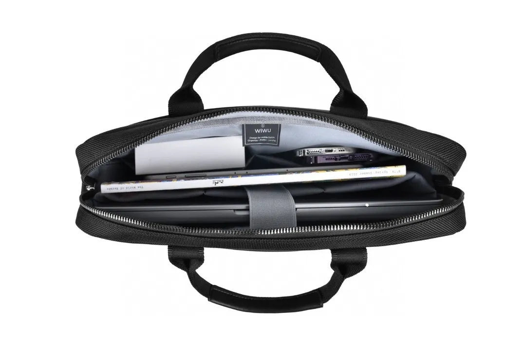 Black Oxford cloth laptop handbag with multiple compartments shown open, displaying organised storage for a 15.6-inch computer.