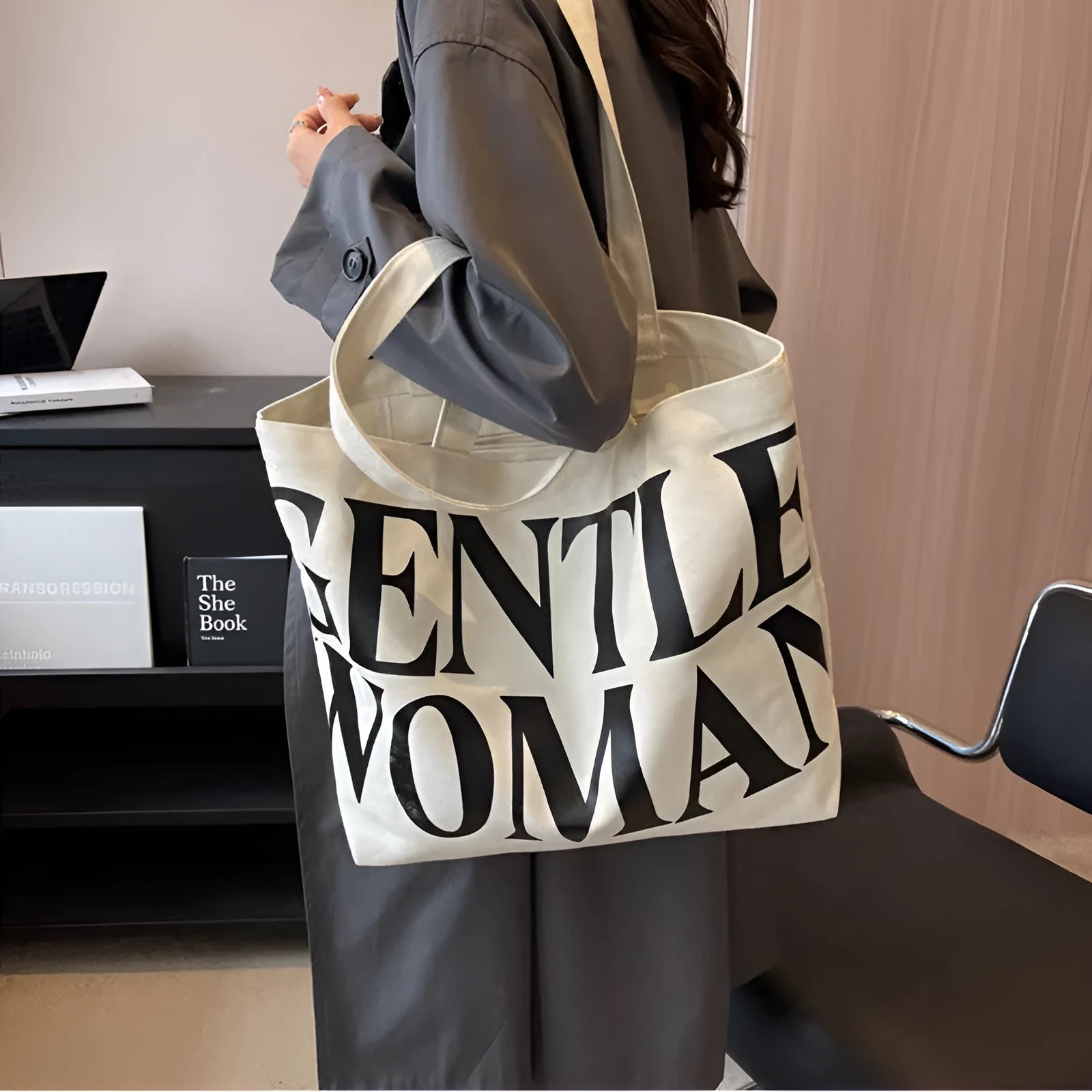Large capacity canvas tote bag with letter print and upgraded zipper, off-white colour, on plain background