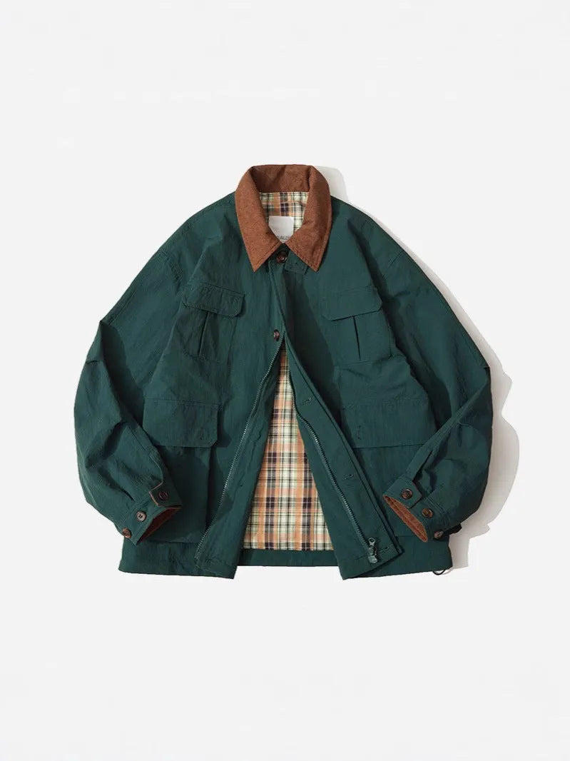 Green and apricot casual jacket with side seam pockets and long sleeves