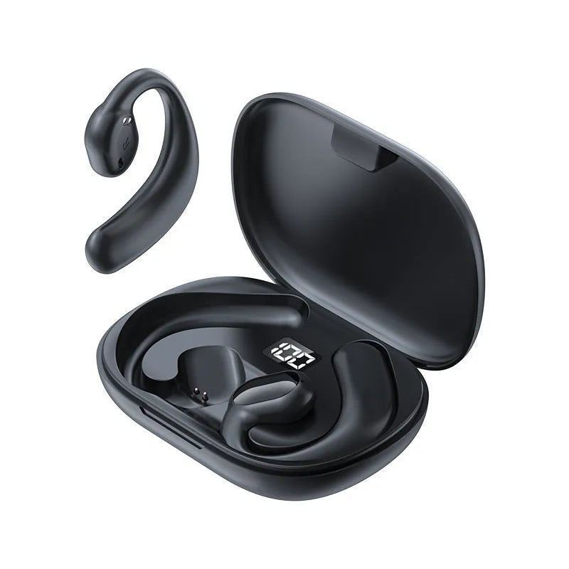 Black and white ear-mounted Bluetooth headset with digital display screen on the side.