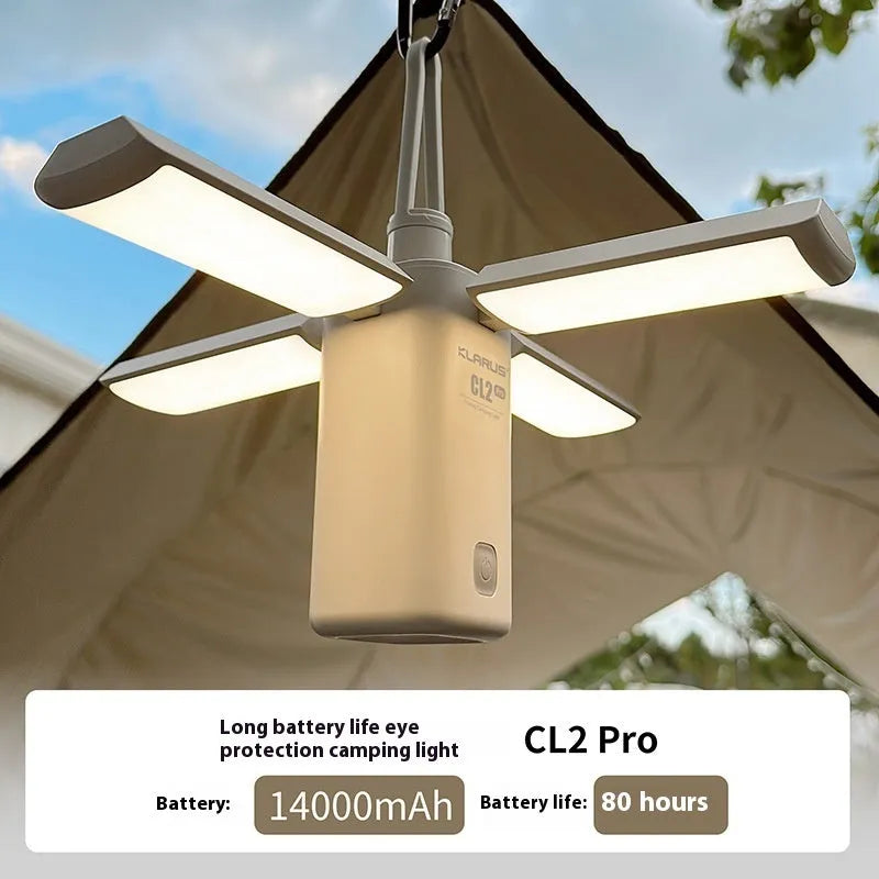 Green and white rechargeable campsite lamp with LED light for outdoor camping use