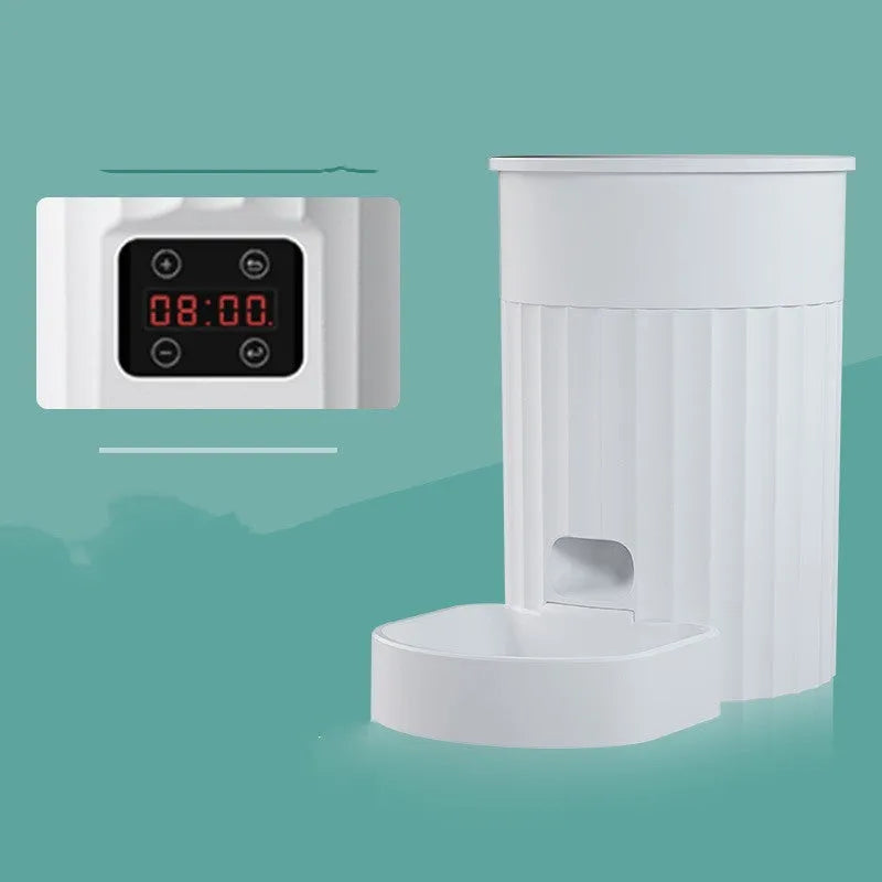 White PP plastic cat automatic pet feeder with programmable schedule and WiFi control on a countertop