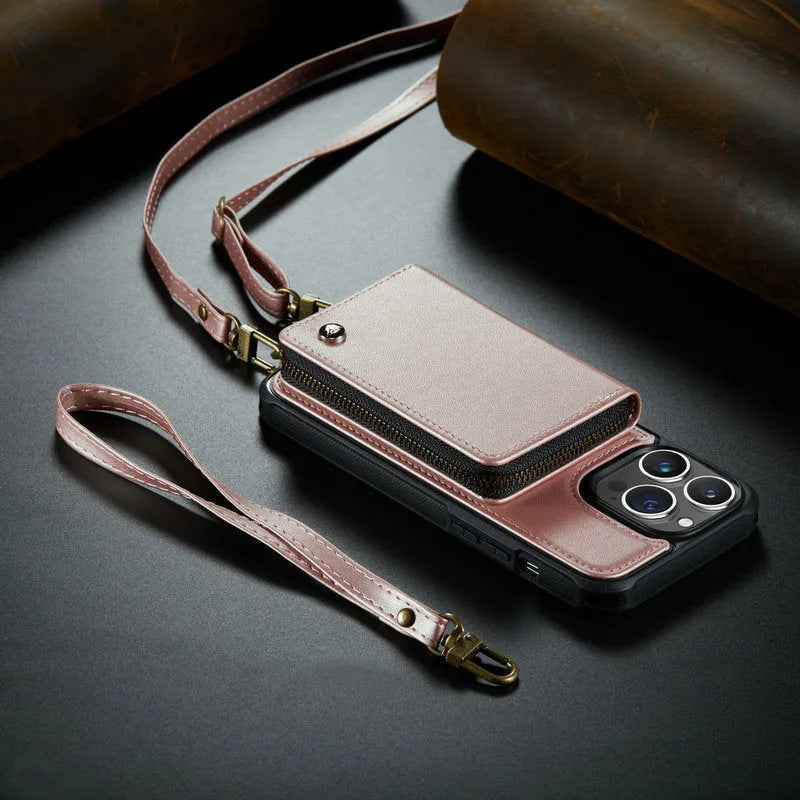 Leather zipper phone case with card slot for iPhone, available in rose gold colour