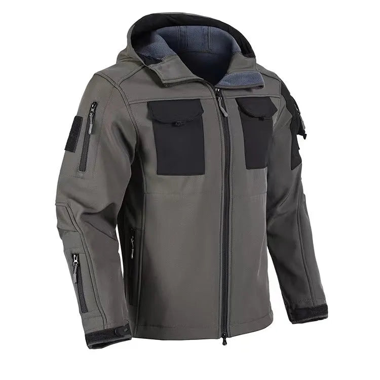 Fleece-lined soft shell jacket for adults, windproof and waterproof, hooded, in black grey or green