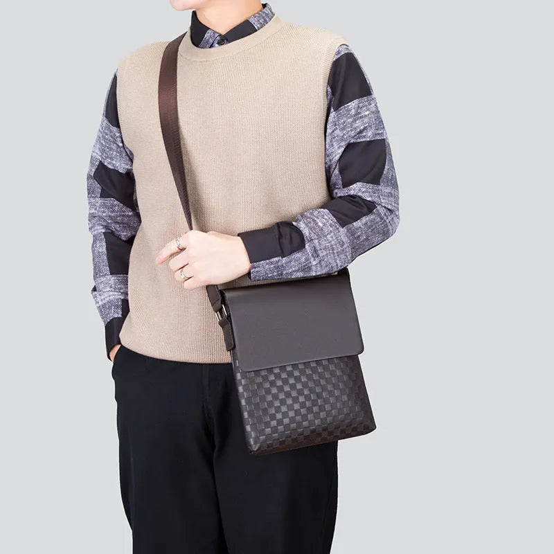 Men's crossbody PU leather messenger bag square vertical section plaid pattern black cover opening