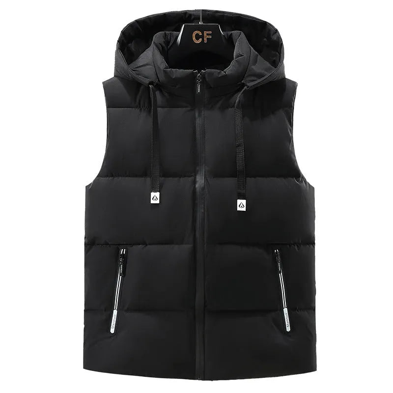 Men's black thickened polyester vest with a removable hood on a hanger.