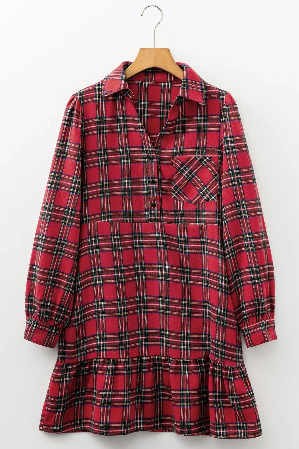 Red plaid mini dress with shirt collar, half-button front, long sleeves, and ruffle hem detailing