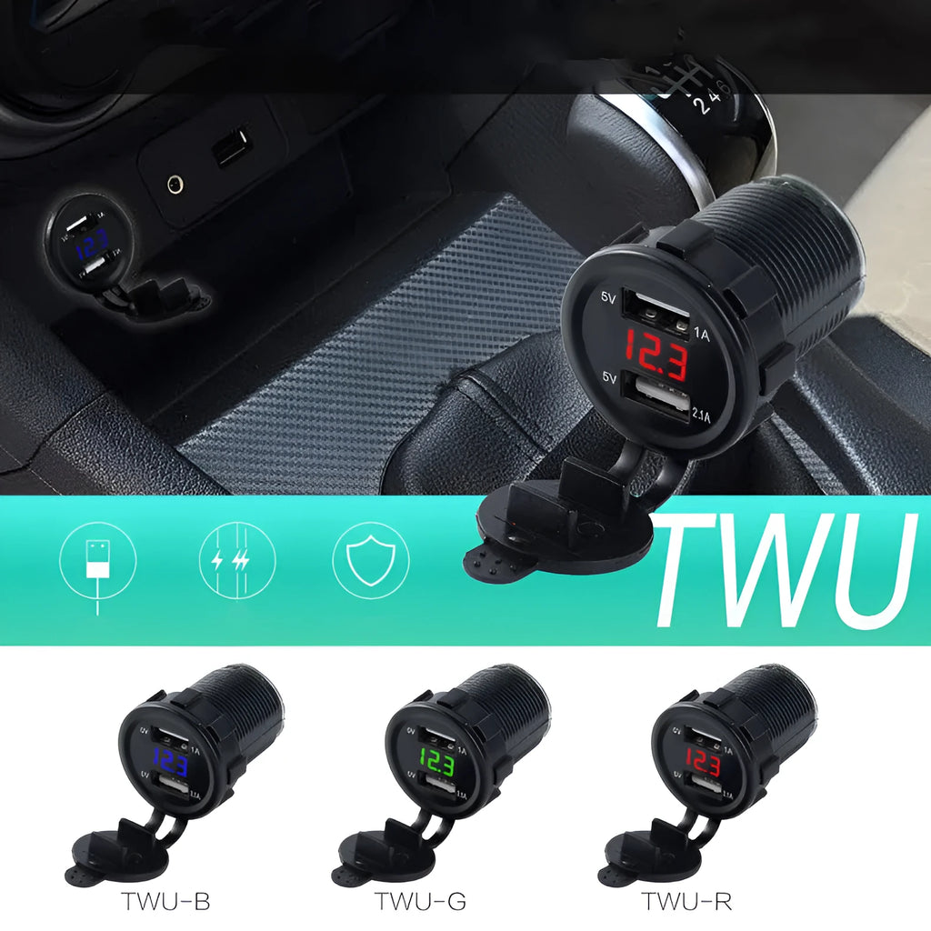 Waterproof snap-on motorcycle car charger with USB output, fast charging, 8-30V input, blue green or red light