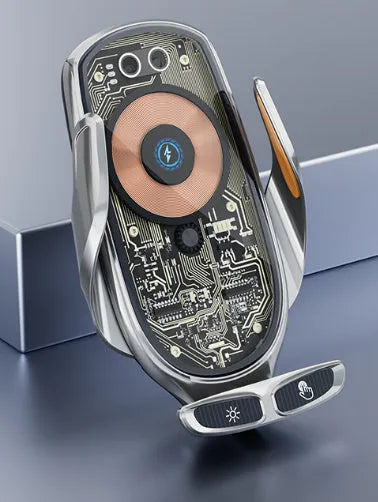 Wireless car charger with air vent mount, magnetic interface, and USB cable in gun colour or silver