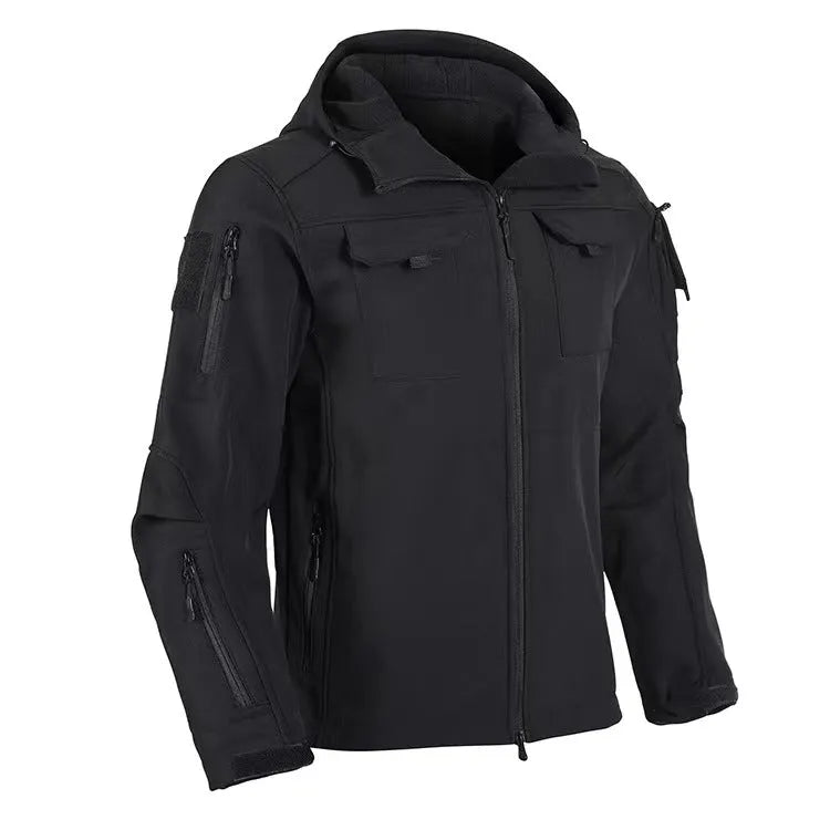 Fleece-lined soft shell jacket for adults, windproof and waterproof, hooded, in black grey or green