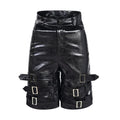 Men's black PU leather cropped pants with leather ring detailing on waistband