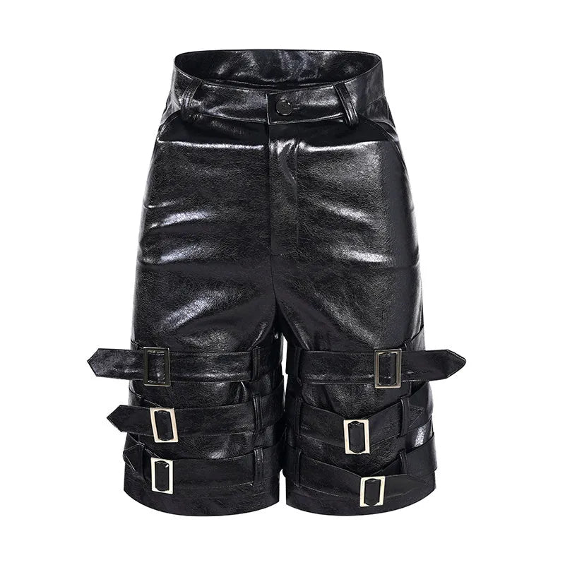 Men's black PU leather cropped pants with leather ring detailing on waistband