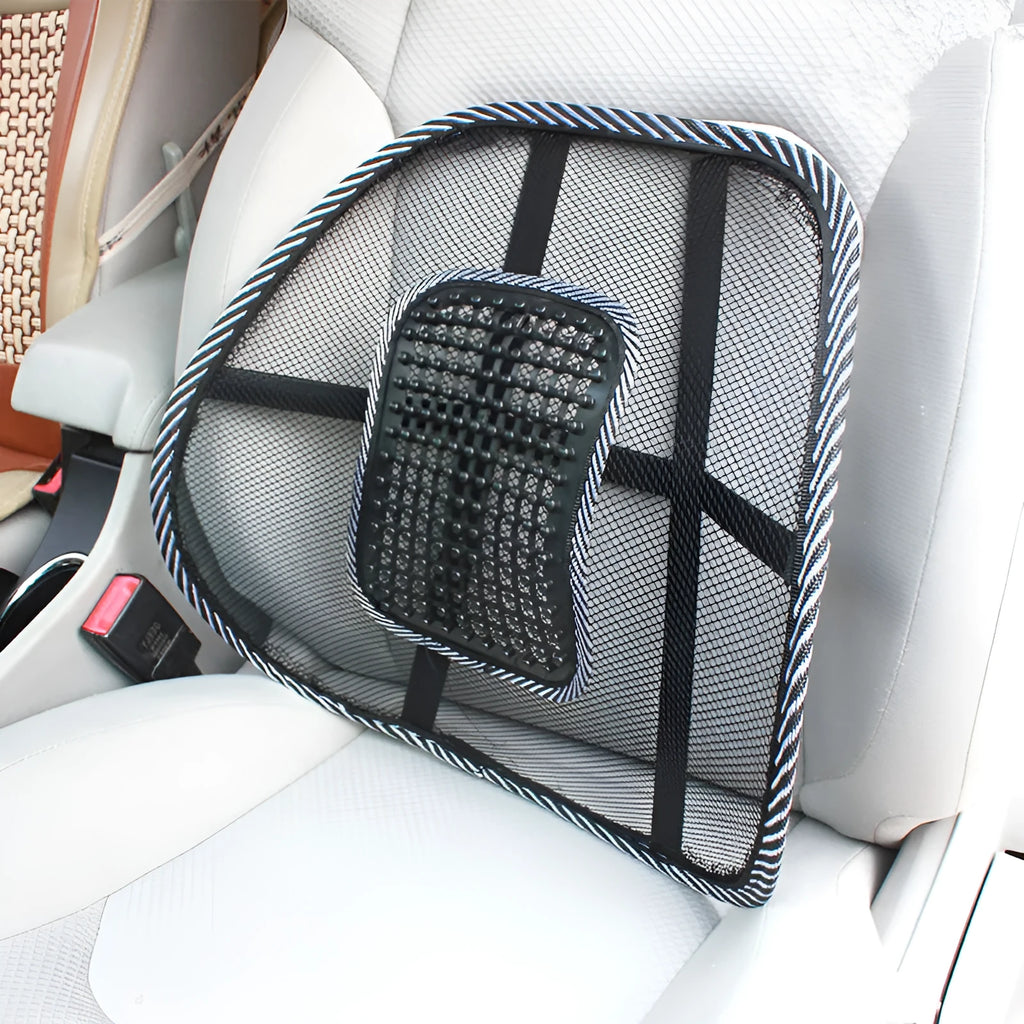 Black car lumbar support pillow with mesh cover on a car seat.