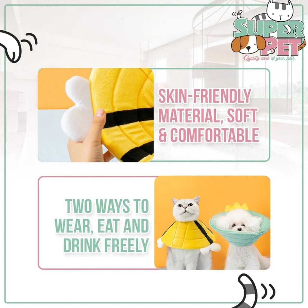 Soft bee-shaped cat cone collar with Velcro closure in adjustable sizes for post-surgery recovery