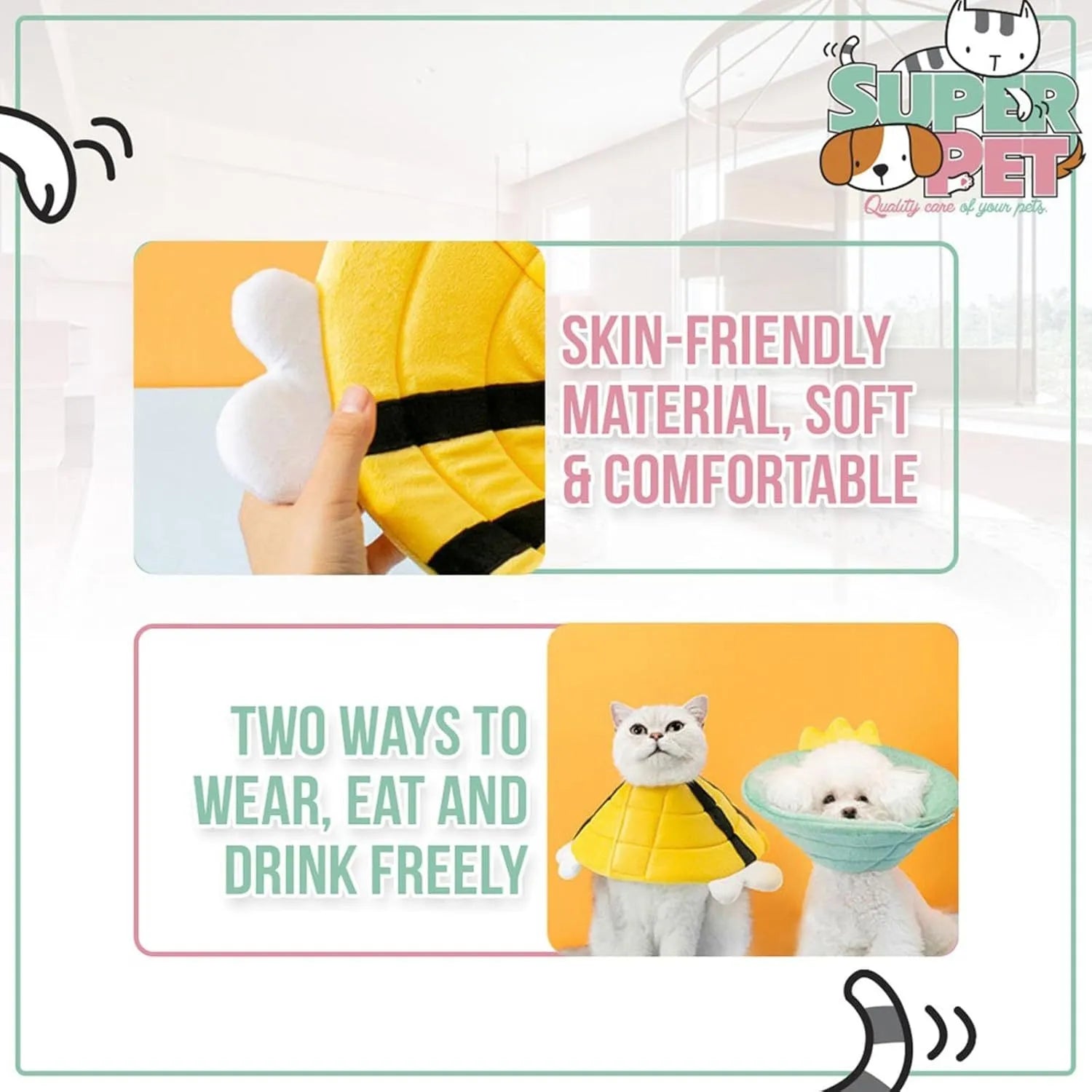 Soft bee-shaped cat cone collar with Velcro closure in adjustable sizes for post-surgery recovery