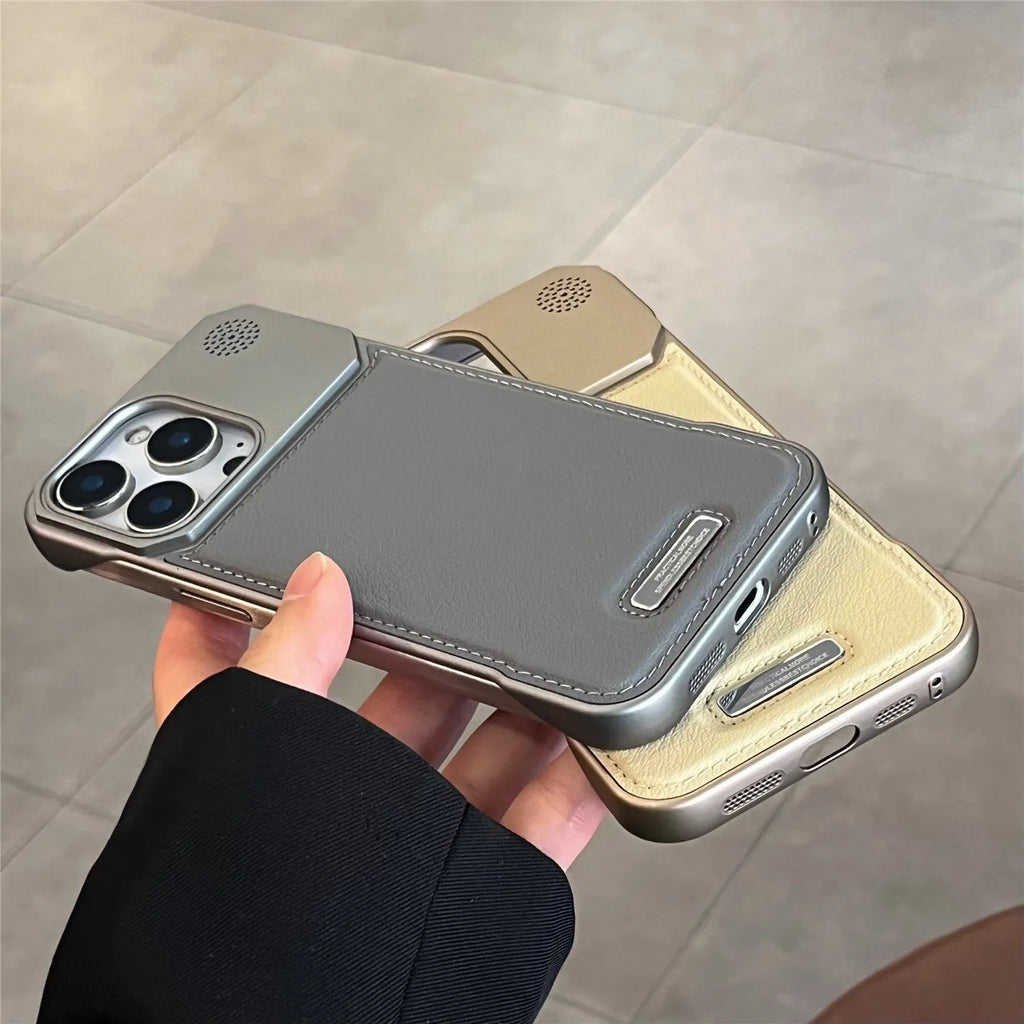 Aromatherapy leather magnetic phone case for iPhone, frameless hard PC cover in Black, Gray, Blue, Brown or Gold.