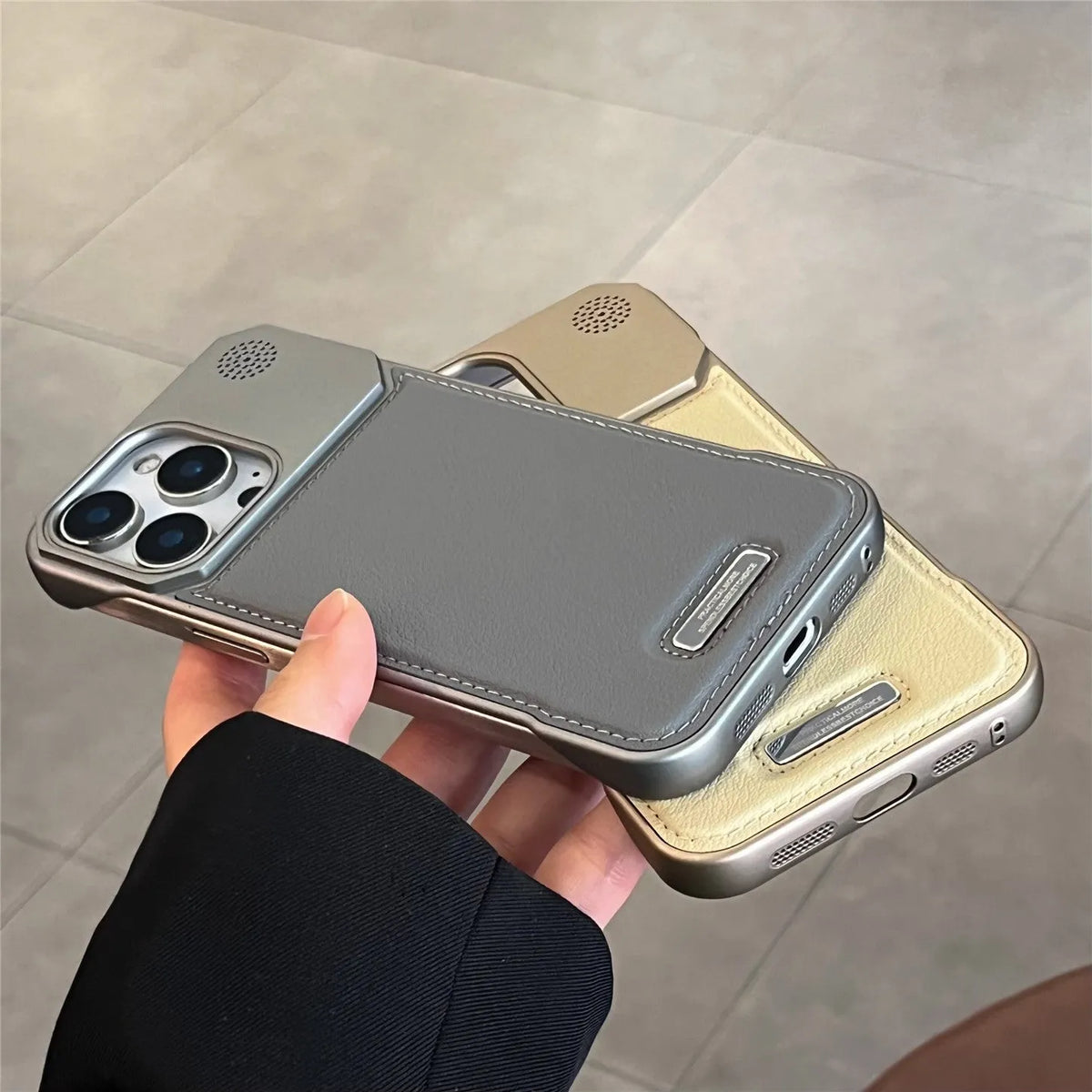Aromatherapy leather magnetic phone case for iPhone, frameless hard PC cover in Black, Gray, Blue, Brown or Gold.