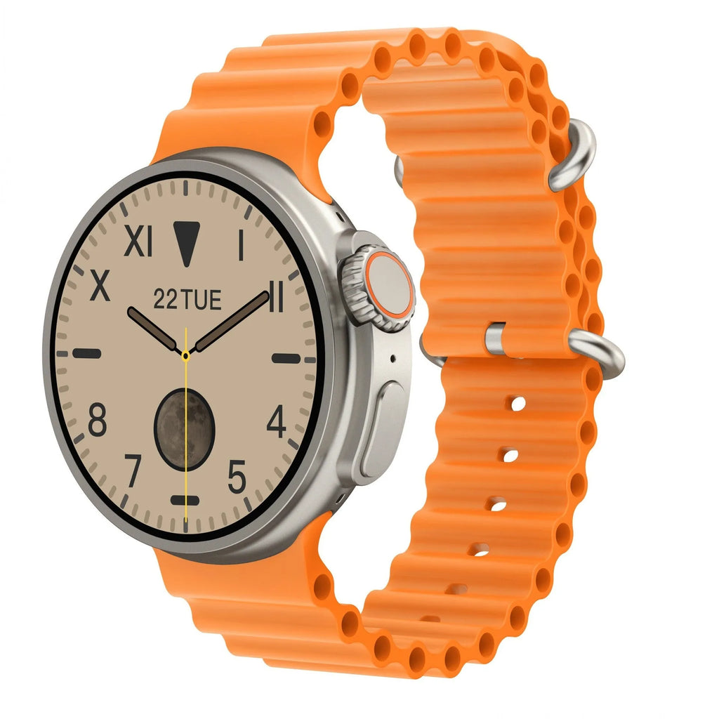 K9 smart watch in black with 1.39 inch round screen on silicone strap, showing fitness data interface.